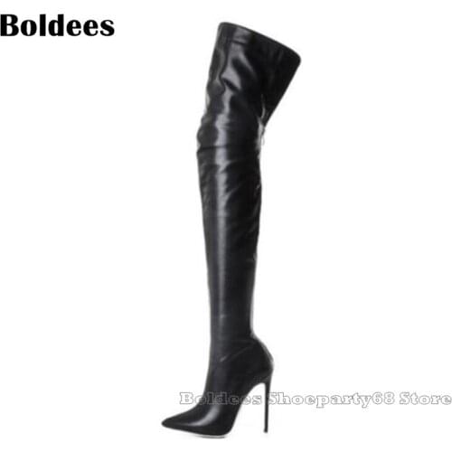 Fashion Elegant Leather Thin High Heeled Europe Designer Pointed Toe Over The Kness Boots Women Winter Long Boot