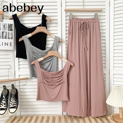 Fashion sleeveless pleated short Cami Vest + high waist lace up waist casual wide leg Pants 2-piece set 2021 New Summer