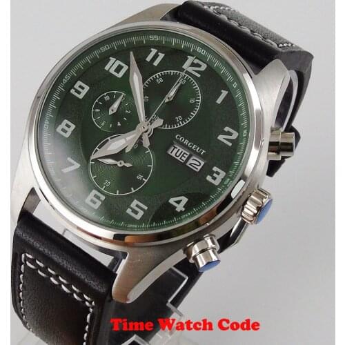 Corgeut 42mm Quartz Movement Mens Wristwatch Chronograph Week Date display Stop watch leather strap green dial calendar