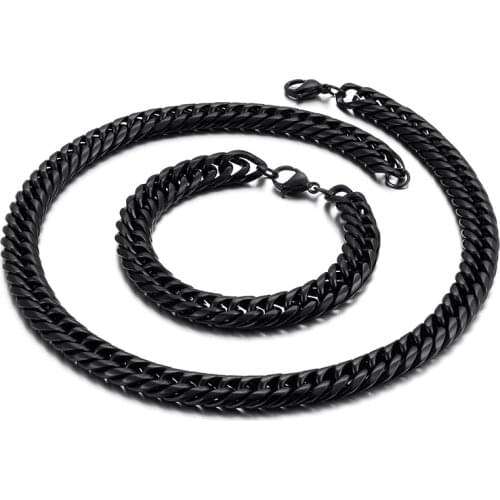 Mens Gifts black 11mm wide 24''+8.66'' Fashion Stainless Steel Jewelry Set smooth Link curb chain Necklace & Bracelet