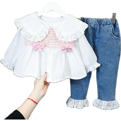 Long Sleeves Clothing Girls Dress Fashion Lotus Leaf Collar Shirt + Jeans 2 PCS/Set Children Costume for 1 2 3 4 Years Party