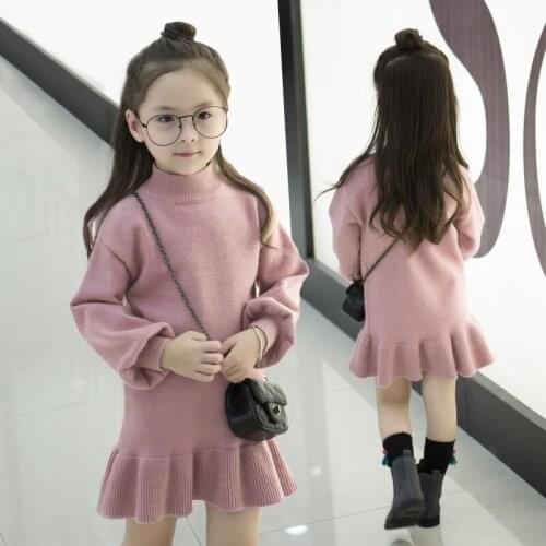 Girls Autumn Knitted Sweater Dress Children Long Sleeve Ruffles Princess Dress Kids Winter Cute Knitwear One Piece Clothes B87