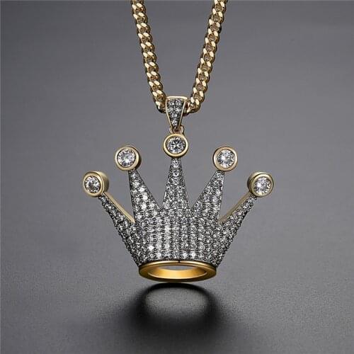 Full Cubic Zircon Crown Pendant Iced Out Necklace Fashion Bling Golden Hip Hop Party Jewelry For Men Drop Shipping