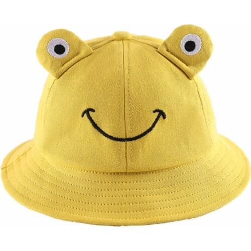 Toddler Kids Baby Cartoon Frog Embroidery Bucket Hat with Chin Strap Wide Brim Sun Protection Solid Color Fisherman Cap