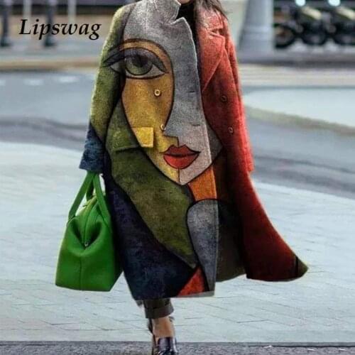 Casual Floral Print Long Sleeve Pocket Outwear Autumn Loose Blend Wool Long Overcoat Women Vintage Button Cardigan Tops Jackets