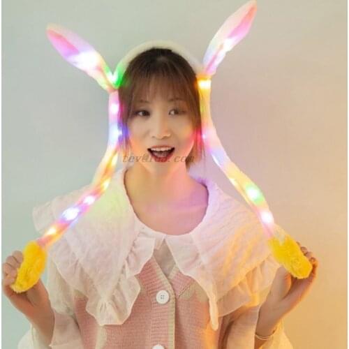 Women Girls Cute LED Light Up Rabbit Headband with Airbag Moving Ears Children Bunny Long Plush Toy Hair Hoop Party Photo Props