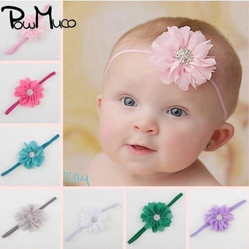 Powmuco Shining Rhinestone Alloy Button Floral Headband Solid Color Chiffon Flower Infant Hairband Baby Headwear Holiday Gifts