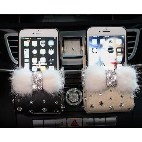 Luxury Crystal Car Air Vent Outlet Storage Bag Furry Tickets Phone Container Leather Pocket Car Organizer Stowing for Women