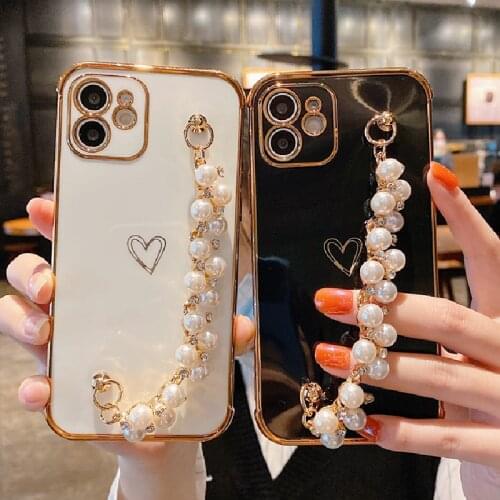 Luxury Plating Heart Phone Case For iPhone 12 11 Pro X XR XS Max Mini 7 8 Plus SE2 Wrist Chain Bracelet Soft Silicone Back Cover