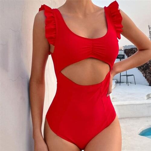 Sexy Red Ruffled Swimwear Women One Piece Swimsuits 2021 Female Cut Out Monokini Bodysuits Bathing Suit Ruched Swim Wear Bather