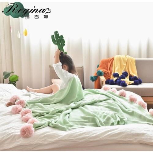REGINA Knitted Blanket Cute Handmade Large Pompom Elegant Crochet Throw Blanket Home Decoration Blanket For Bed Sofa Tapestry