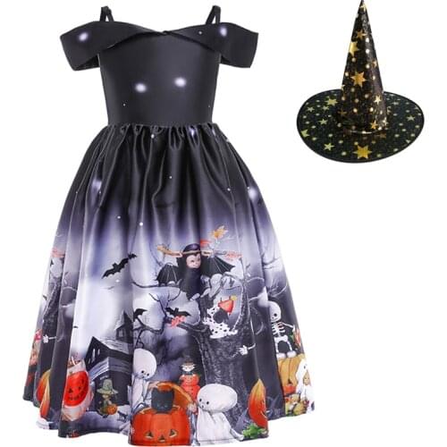 Pumpkin Witch Cosplay Christmas Halloween Vampire Costume Princess Children Party Summer Dress with Hat Vestidos Girls Clothes