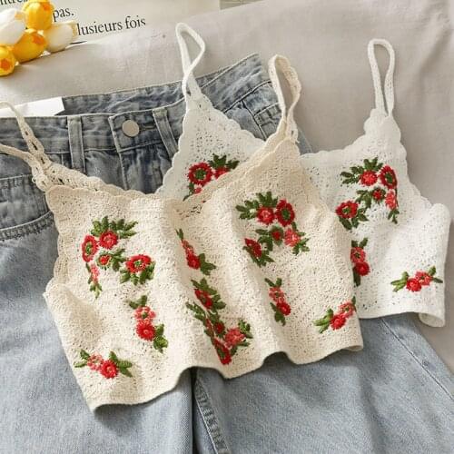 Korean Style Cropped Top 2021 Summer Crop top female Women Crochet Floral Embroidery Sleeveless Sexy Knit Tops Camisas Mujer