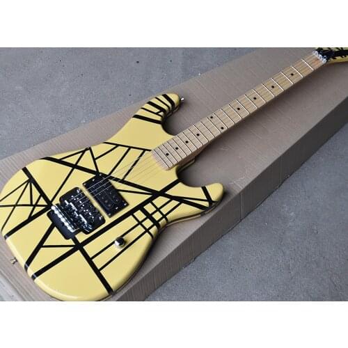 In Stock-6 Strings Yellow Striped Electric Guitar with Tremolo Bar,Maple Fretboard