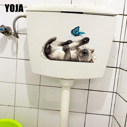 YOJA 24.1×15.1CM Cat Catching Butterflies Fun Cartoon Wall Stickers Mural Home Toilet WC Accessories T1-3019