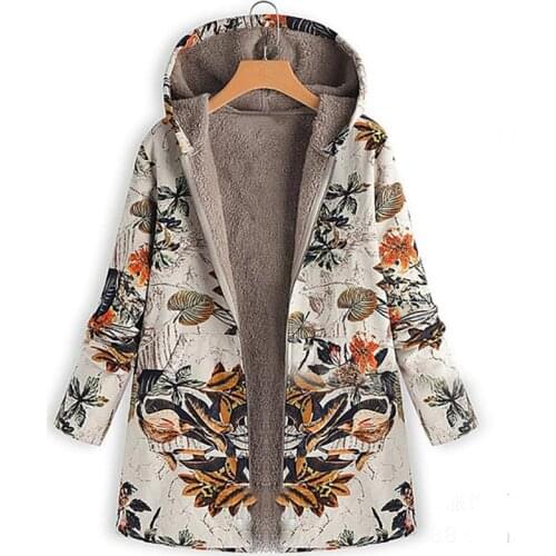 Leaves Floral Print Warm Coat Women Winter Long Sleeve Hooded Jacket Fluffy Fur Cozy Zipper Outwear S-5XL