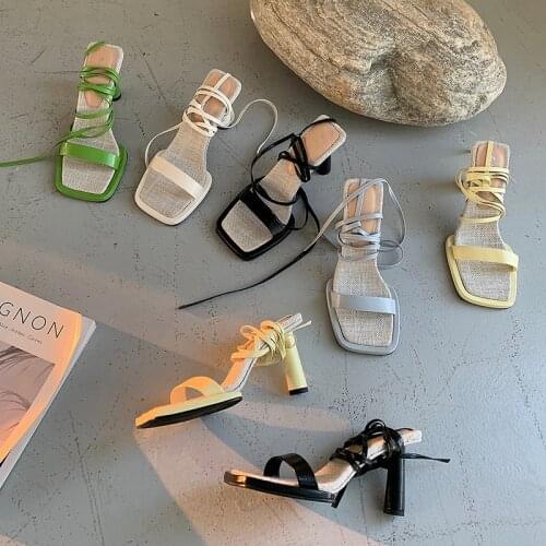 Square Toe Women Sandals Party Pumps Round High Heels Cross Strap Lace Up Slides Summer Dress Shoes Woman Green Gray Size 35-39