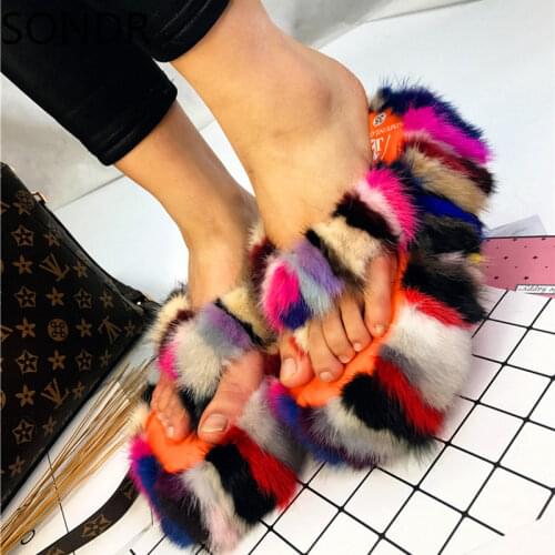 Womens Rainbow Colors Real Mink Fur Decor Slipper Platform Muffin High Wedge Heel Shoes Slides Slingback Flip Flops New 2022