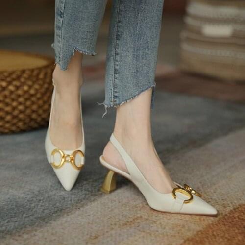 Ochanmeb Chic Gold Metal Chain Women High Heels Shoes Natural Genuine Leather Black Beige Nude Slingback Pump Wedding Shoe 33-43