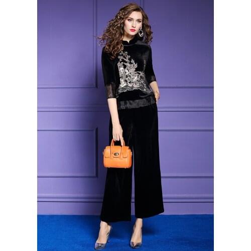 ZUOMAN Women Autumn & Winter Elegant Embroidery Velvet Pant Suit Set Female Office Two Piece Set Mesh Designer Two-piece Suits