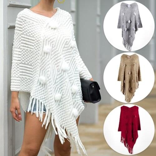 Women Fringed Cloak Shawl Sweater Winter Loose Solid Color Pullover V Neck Top Clothes Capa Poncho Dd Tejido