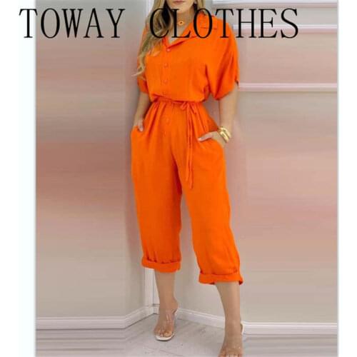 Women Solid Plain Turn-down Collar Button Front Pocket Design Short Sleeve Jumpsuit