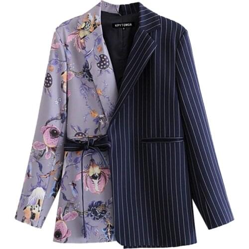 2021 New Women Fashion Office Wear Floral Print Patchwork Blazer Coat Vintage Pockets With Belt Female Outerwear Chic Tops