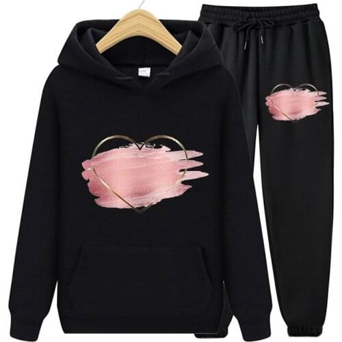 Winter Fashion Heart Flower Print Women Sports Long Sleeve Hoodies Sweatshirts And Elastic Waist Pants Female Two Piece Sets