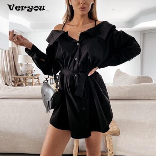 2021 Autumn Sexy Off Shoulder Mini Dress Office Lady Fashion Solid Button Shirt Dress Elegant Women Belted Lace-Up Party Dresses