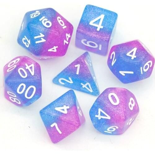 7Pcs/set Purple Blue DND Dice D&D Dice Glitter D4 D6 D8 D10 D% D12 D20 Polyhedral Games Dice Set for Table Games MTG RPG