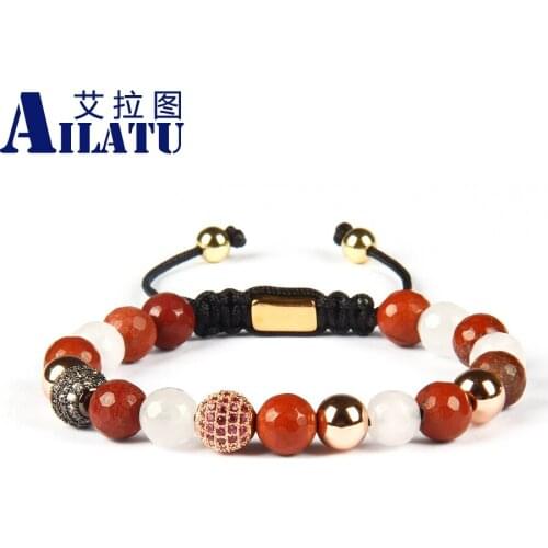 Ailatu Cubic Micro Pave Ball Macrame Bracelet 8mm Natural Mix Faceted Stone Beads Jewelry for Men Provide Logo Printing Service