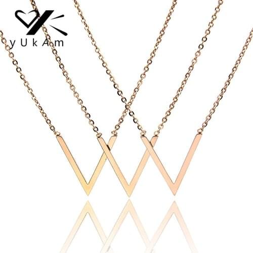 YUKAM 316L Stainless Steel Rose Gold Color Letter V Shape Choker Necklaces Pendants for Women Girl Short Necklace Simple Jewelry