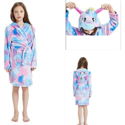 Unicorn Hooded Children Bathrobes Baby Rainbow Bath Flannel Tie-dye Pattern Robe Animal Boys Girls Pyjamas Nightgown Sleepwear