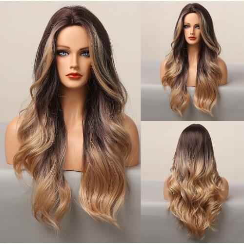 Long Body Wave Wigs Ombre Black Brown Synthetic Wigs for Women Afro American Middle Part Cosplay Party Daily Use Heat Resistant