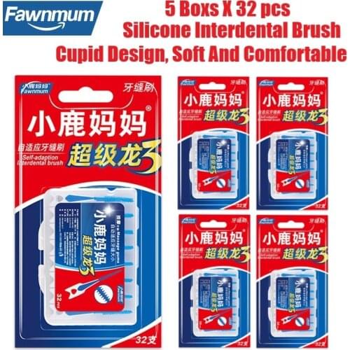 Fawnmum 5x32pcs Silicone Interdental Brush Super Soft Toothpick Food Grade Toothbrush Adaptive Tooth Gap Dental Oral Care Tool