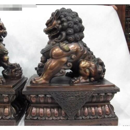 Chinese Pure Red Copper Feng Shui Palace Evil Door Fu Foo Dog Lion Statue Pair