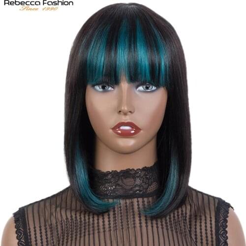 Rebecca Hair Short Bob Wig With Bangs for Women Straight Human Bob Wig Black Blue Purple Wig for Party Daily Use Shoulder Length