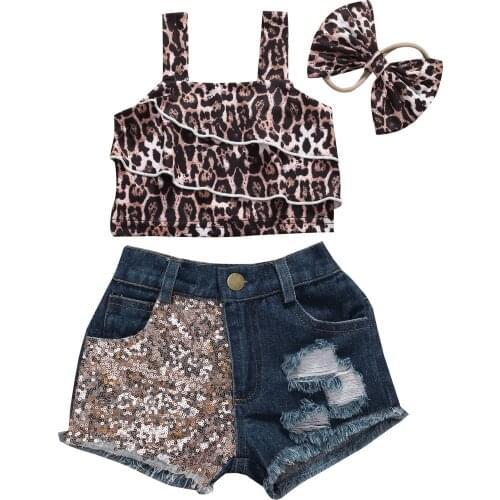 Fashion Toddler Baby Girls Denim Outfits Sleeveless Leopard Crop Tops Jean Pants Patchwork Shiny Shorts Summer Clothes Set