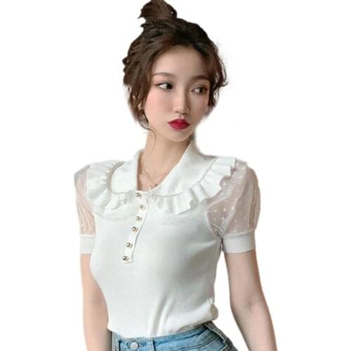 Fashion Summer Women Doll Collar Faux Pearl Buttons Mesh Stitching Short Sleeve T-shirt Yarn Sleeve Top High Quality 2021