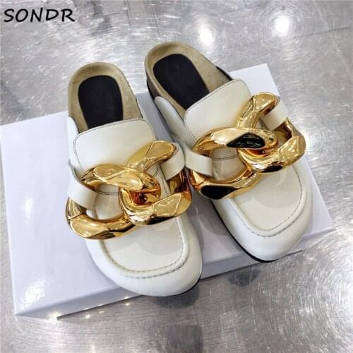 Fashion Women Metal Gold Loafers Shoes 2021 Femme Leather Slip On Mules Shoes Round Toe Flat Slides Summer Beach Casual Slippers