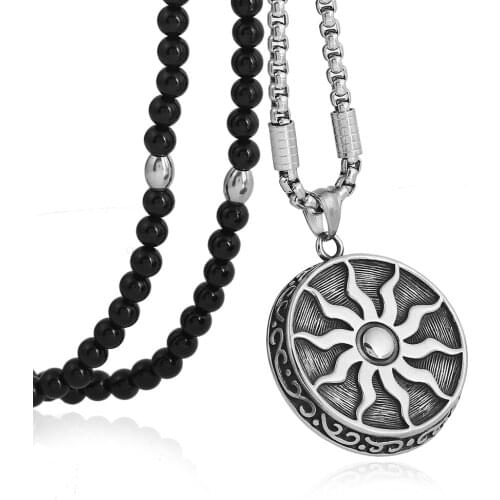 Punk Stainless Steel Sun God Apollo Pendant Necklace Black Natural Stone Chain 26" Link for Men Jewelry