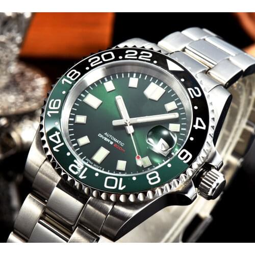 Green 24 Jewels NH35A Automatic Men Watch Sunburst Dial Polished Oyster Bracelet Sapphire Crystal Rotating Bezel Ring 20BAR