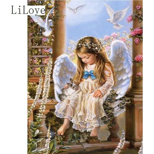LI LOYE DIY Rabbit and little angel Diamond Full Mosaic Set Embroidery Cross-Stitch Icon Kit Beadwork Picture Decorative FZ379