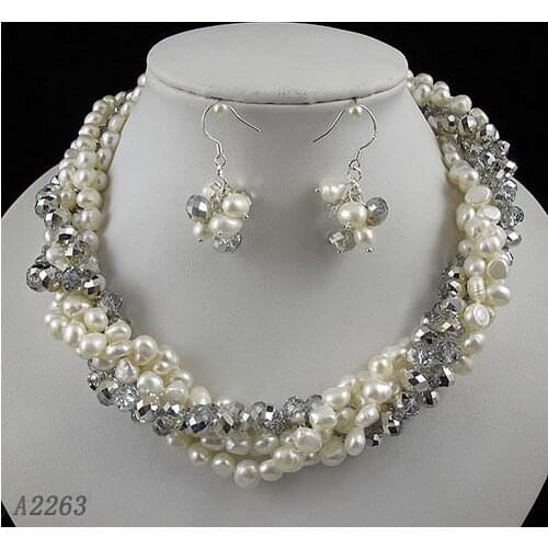 Unique Pearls jewellery Store, Perfect Ladys Gift Jewelry Set 5rows Gray Crystal White Freshwater Pearl Necklace Earrings