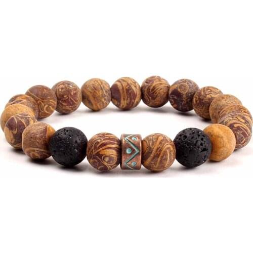 Natural Brown Sea Stripe Stone Beads Bracelet Fashion Single Circle Mens Beaded Charm Bracelet Wholesale Men Jewelry