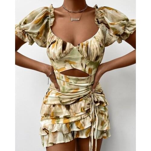 2021 Summer New Dress Tie-dye Printing Hollow Drawstring Ruffled Mini Short-sleeved Sexy Dress Casual Tight Fashion Ladies Dress