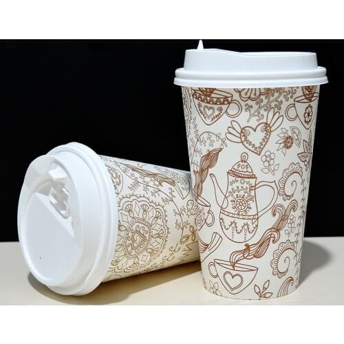 50pcs High quality creative flower disposable coffee cup 8oz/14oz/16oz afternoon tea paper cup takeaway packaging with lid