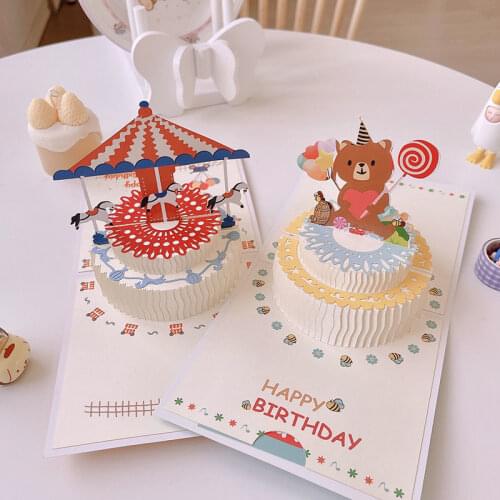 Korean style ins net red same 3D bear cake greeting card cute birthday card creative 3D paper carving gift