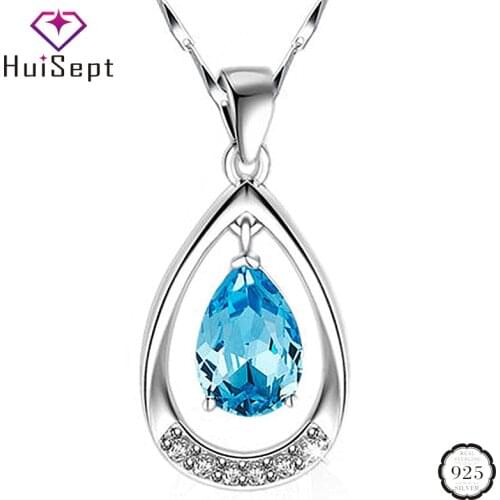 HuiSept 925 Silver Jewelry Necklace Water Drop Shape Sapphire Zircon Gemstone Pendant Accessories for Women Wedding Engagement
