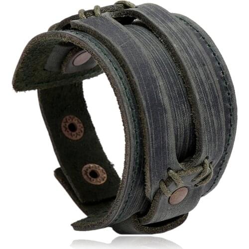 Vintage Punk Wide Genuine Leather Bracelet For Men Black Brown Red Cuff Bangle Wristband Mens Bracelet Male Jewelry Party Gift
